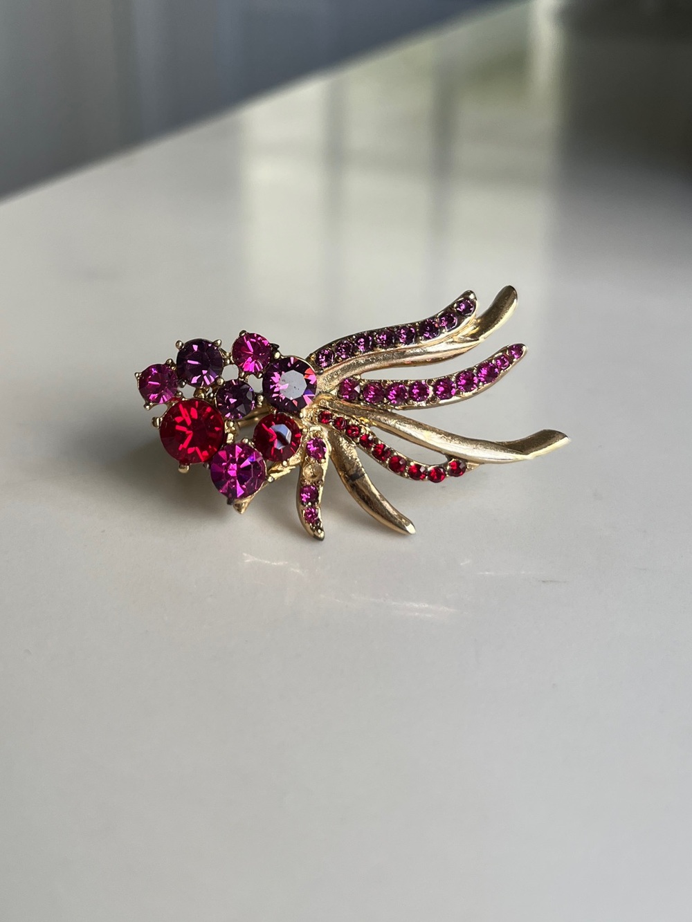 Oscar de la Renta Gold-Tone Pink and Red Crystal Floral Spray Cocktail Ring
